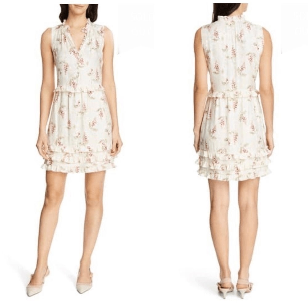 REBECCA TAYLOR | Silk Blend Cream Floral A-Line Dress, Size 10 (Large-XL)
